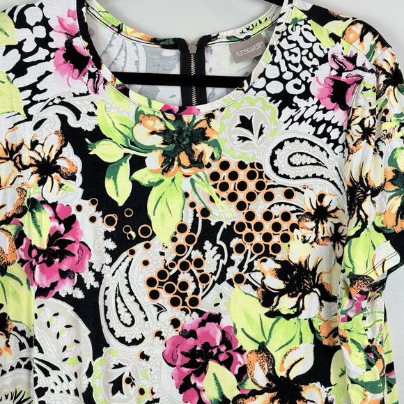 Chicos Top Women 3 US XL Multi Floral Blouse Colorful Stretchy Bloomcore Mature - Picture 2 of 8
